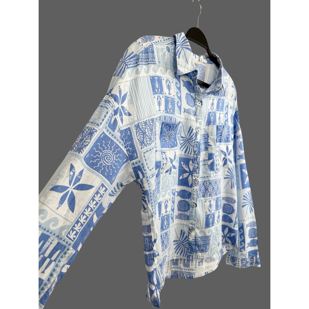 C&C California 100% Linen Blue Lobster Fish Block Print Button Down Shirt M - Picture 3 of 7